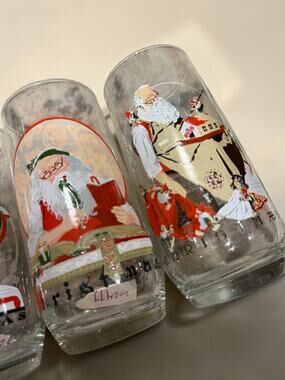 Coca Cola Norman Rockwell Christmas Glasses Lot of 4 Santa Globe Writing Promo